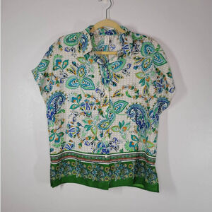 Joie Button-Down Silk Shirt Top Size S/P Short Sleeve Paisley Print Green White